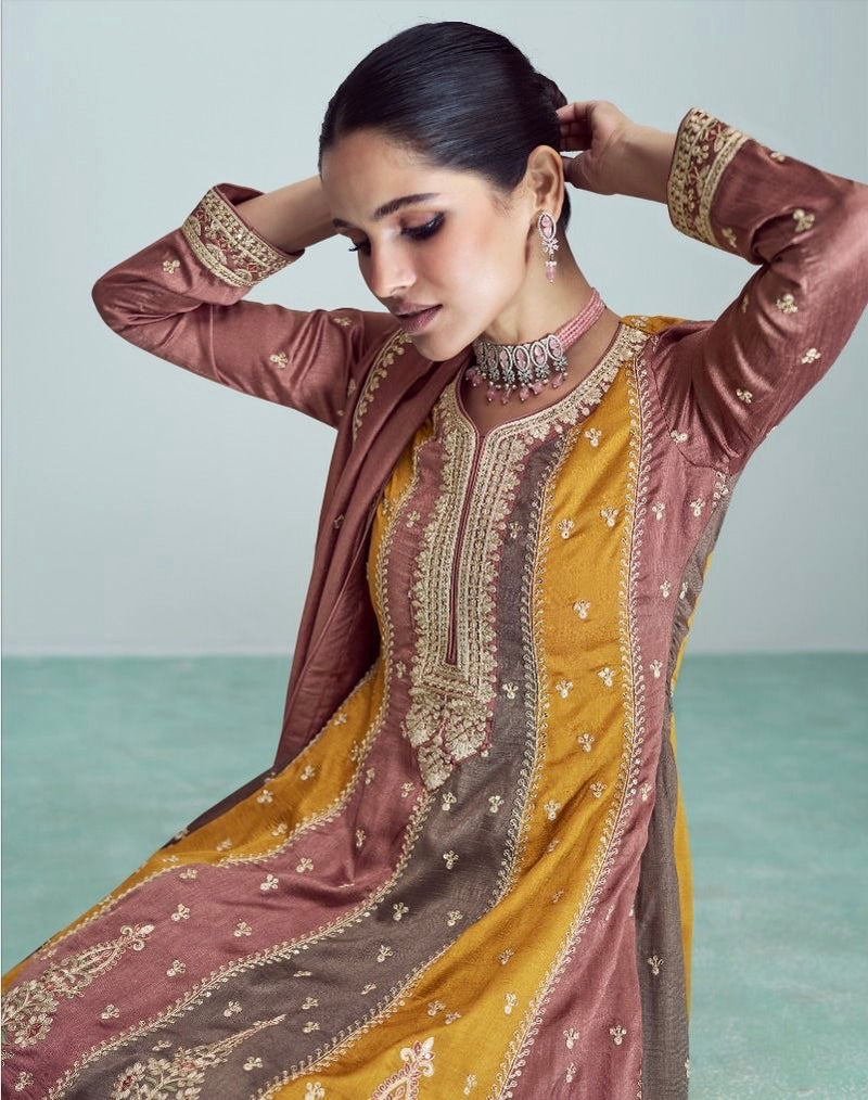 Silk Paneled A-line Shirt with Shalwar -Muted Color