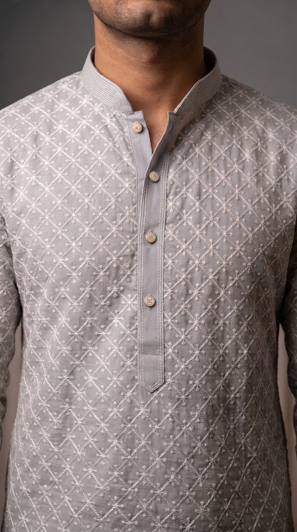 Chikkan Kari Kurta Set with white embroidery - Dusty Lavender