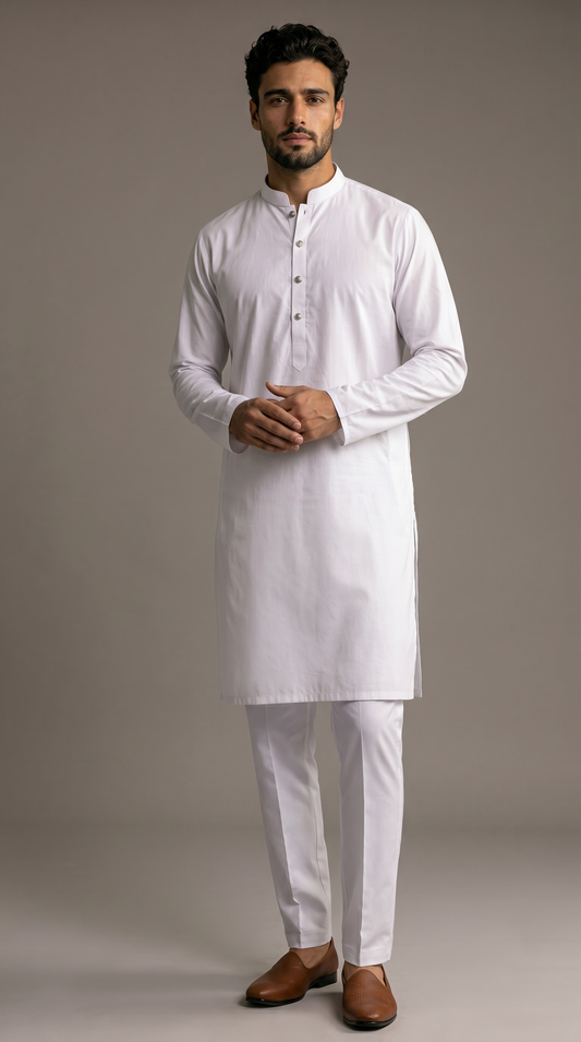 Off-White Plain Cotton Satin Kurta