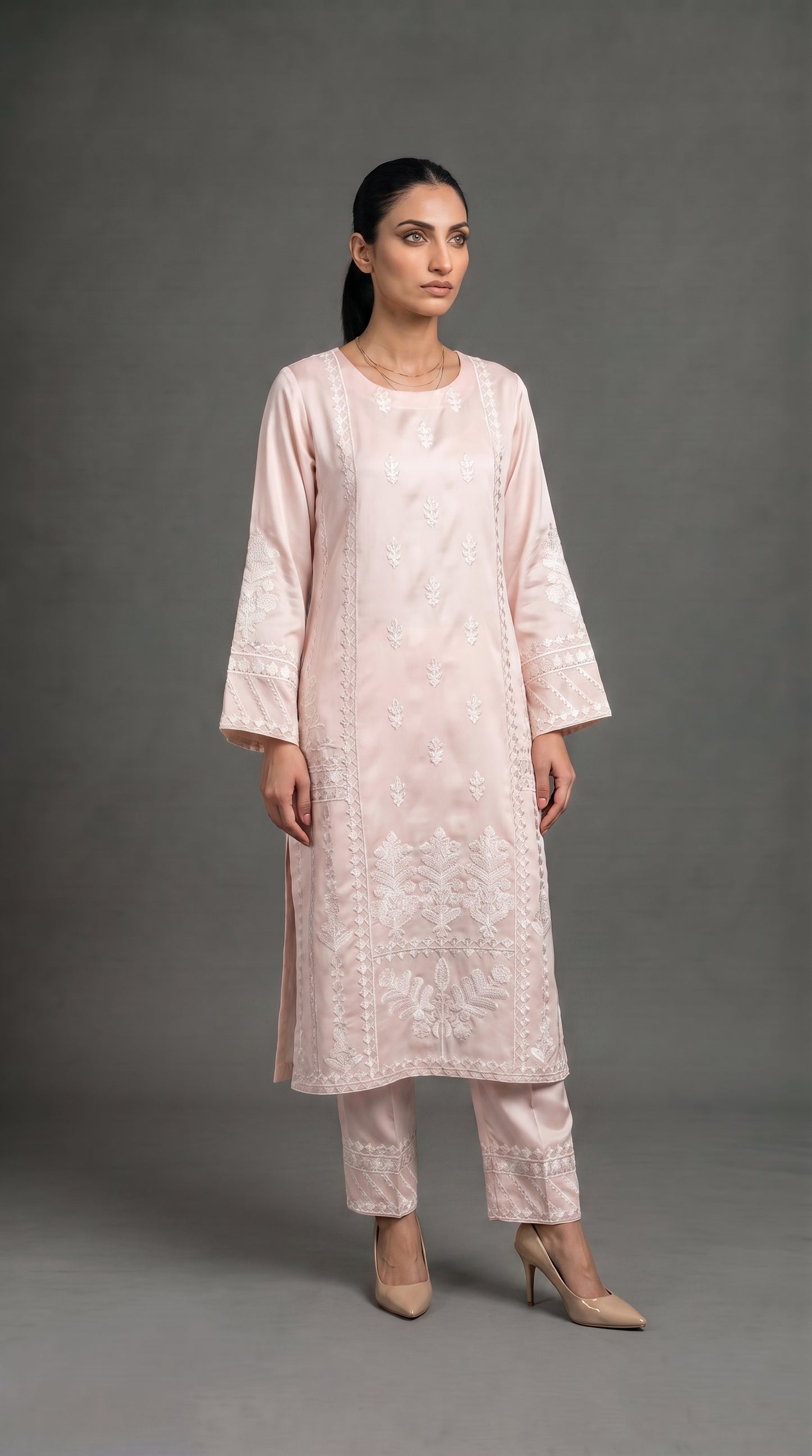 Light Pink Embroidered Satin Silk 2-Piece Suit