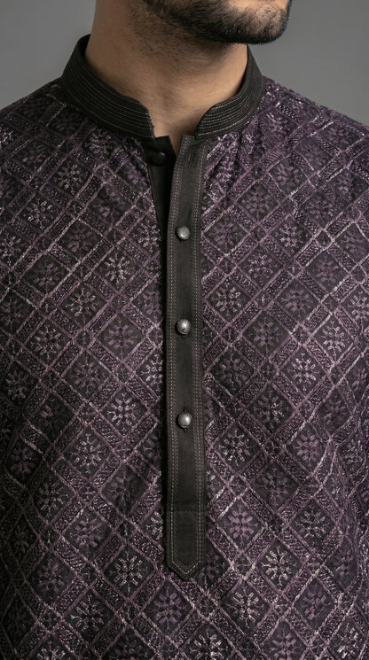Chikkan Kari Embroidered Kurta Set with Silver Thread - Black & Purple