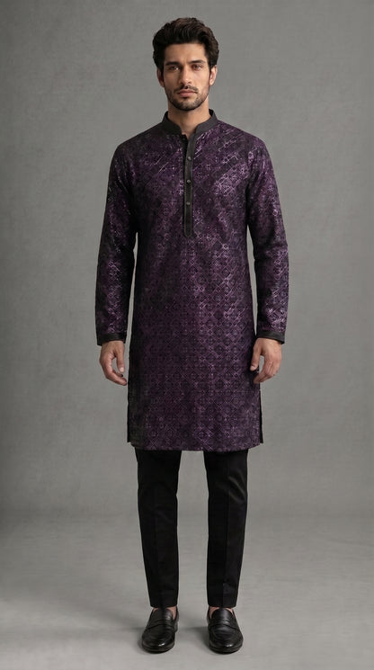 Chikkan Kari Embroidered Kurta Set with Silver Thread - Black & Purple
