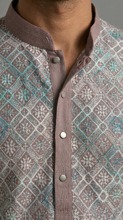 Chikkan Kari Embroidered Kurta Set with Silver Thread - Dusty Pink and Turquoise