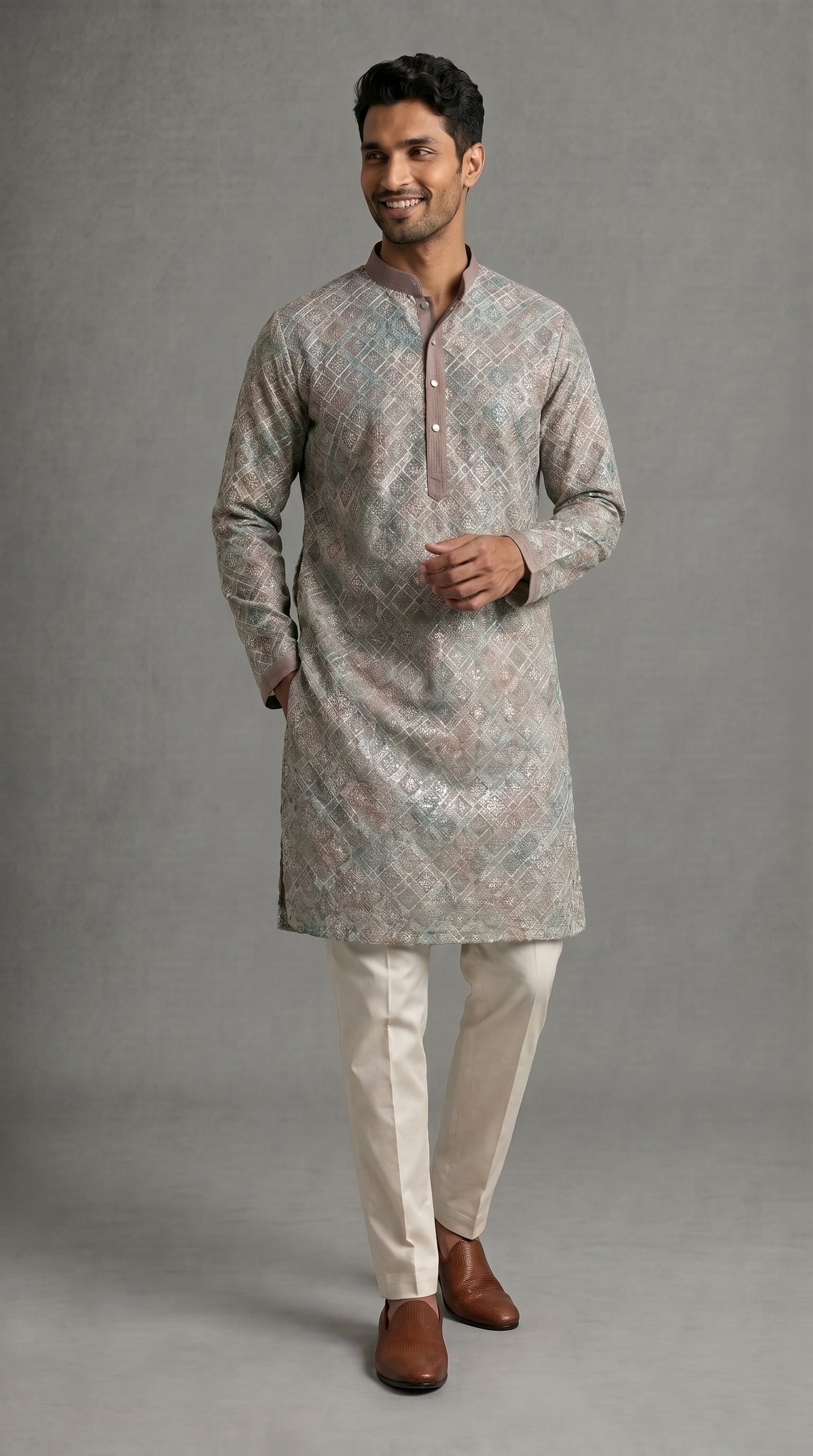Chikkan Kari Embroidered Kurta Set with Silver Thread - Dusty Pink and Turquoise