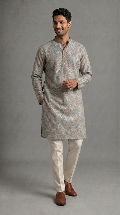 Chikkan Kari Embroidered Kurta Set with Silver Thread - Dusty Pink and Turquoise