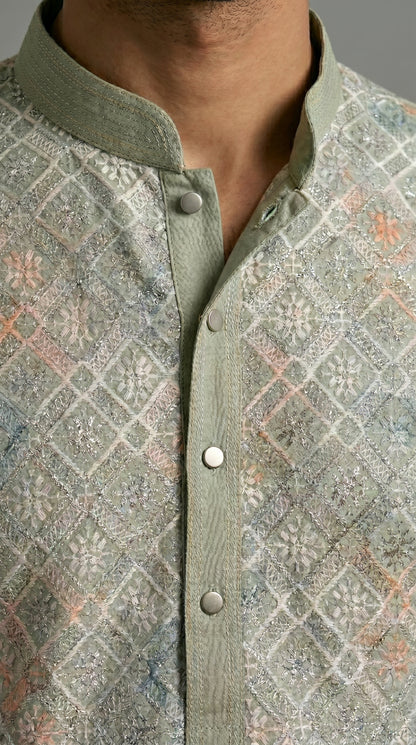 Chikkan Kari Embroidered Kurta Set with Silver Thread - Sage Green Multicolor