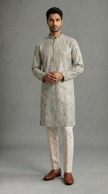 Chikkan Kari Embroidered Kurta Set with Silver Thread - Sage Green Multicolor