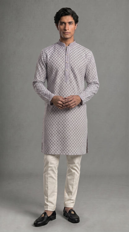 Chikkan Kari Kurta Set with white embroidery - Dusty Lavender