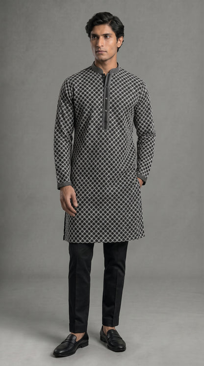 Chikkan Kari Kurta Set with white embroidery - Black & White