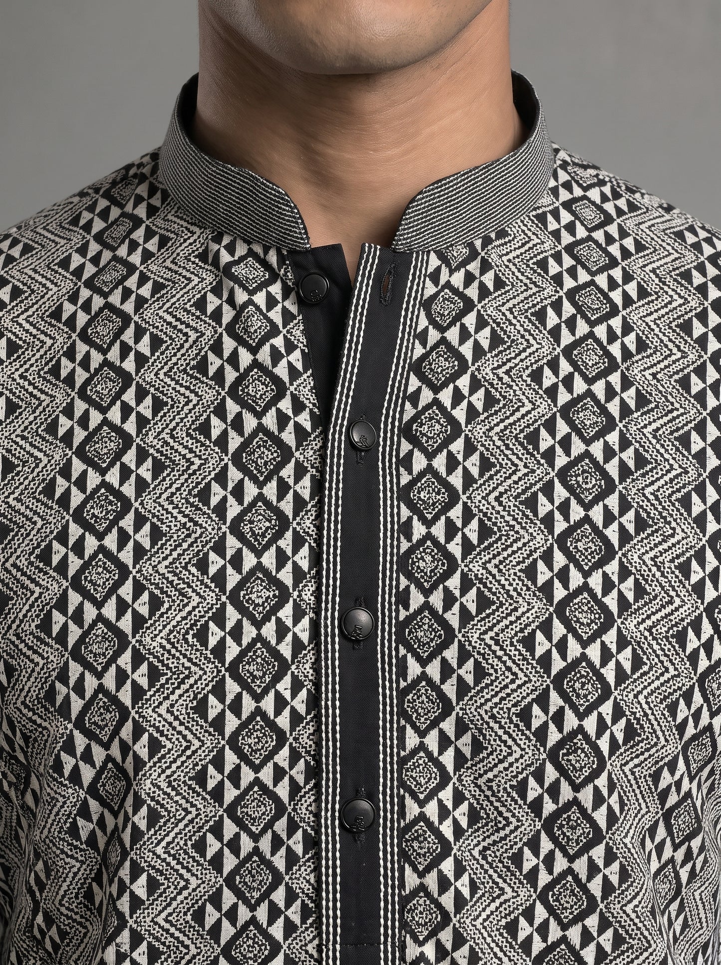 Geometric Chikkan Kari Kurta Set with white embroidery - Black & White