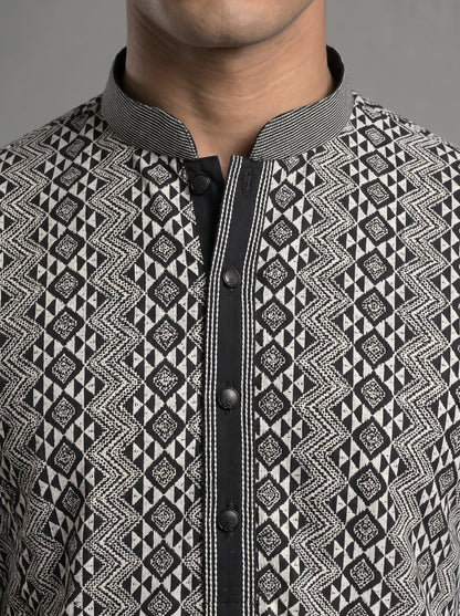 Geometric Chikkan Kari Kurta Set with white embroidery - Black & White