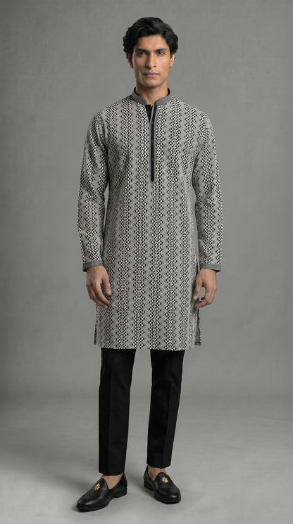 Geometric Chikkan Kari Kurta Set with white embroidery - Black & White