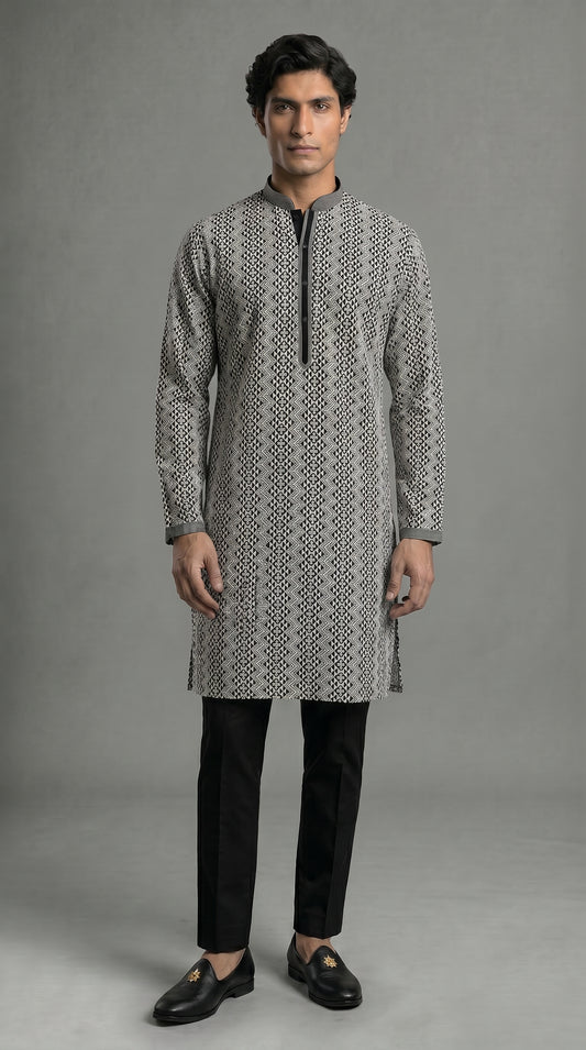 Geometric Chikkan Kari Kurta Set with white embroidery - Black & White