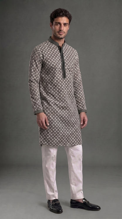 Chikkan Kari Kurta Set with white Clove Leaf embroidery - Black & White