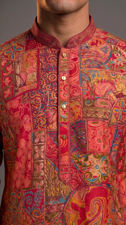 Magenta  Abstract Floral Embroidered Silk Kurta Set