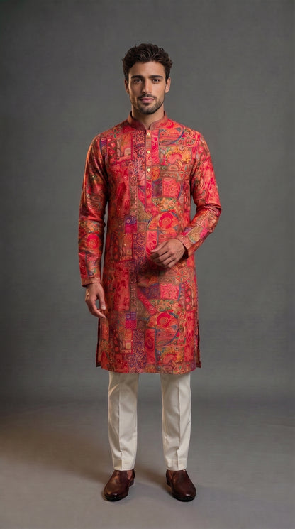 Magenta  Abstract Floral Embroidered Silk Kurta Set