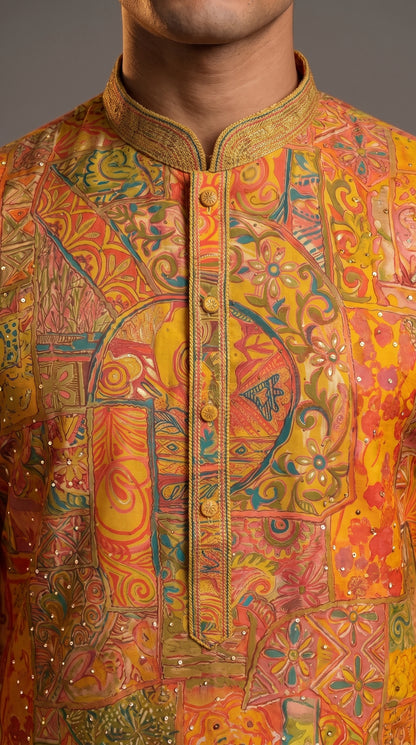 Mustard Yellow Abstract Floral Embroidered Silk Kurta Set