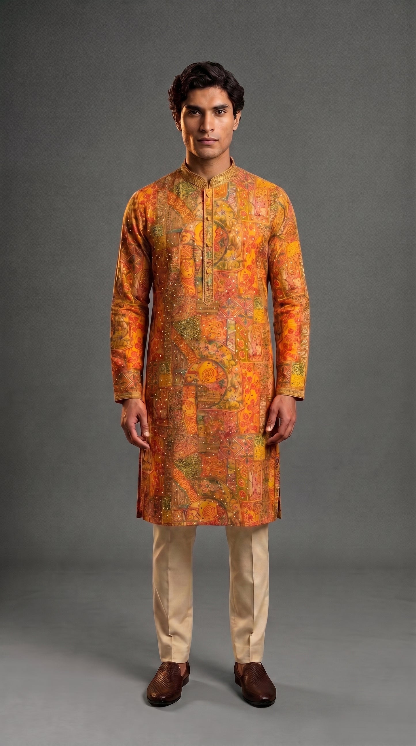 Mustard Yellow Abstract Floral Embroidered Silk Kurta Set