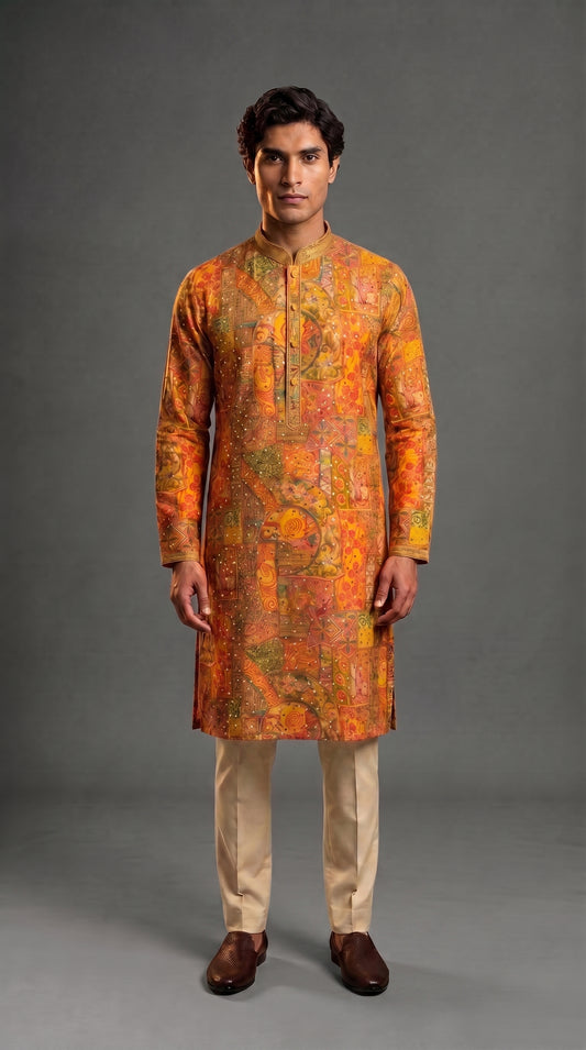 Mustard Yellow Abstract Floral Embroidered Silk Kurta Set