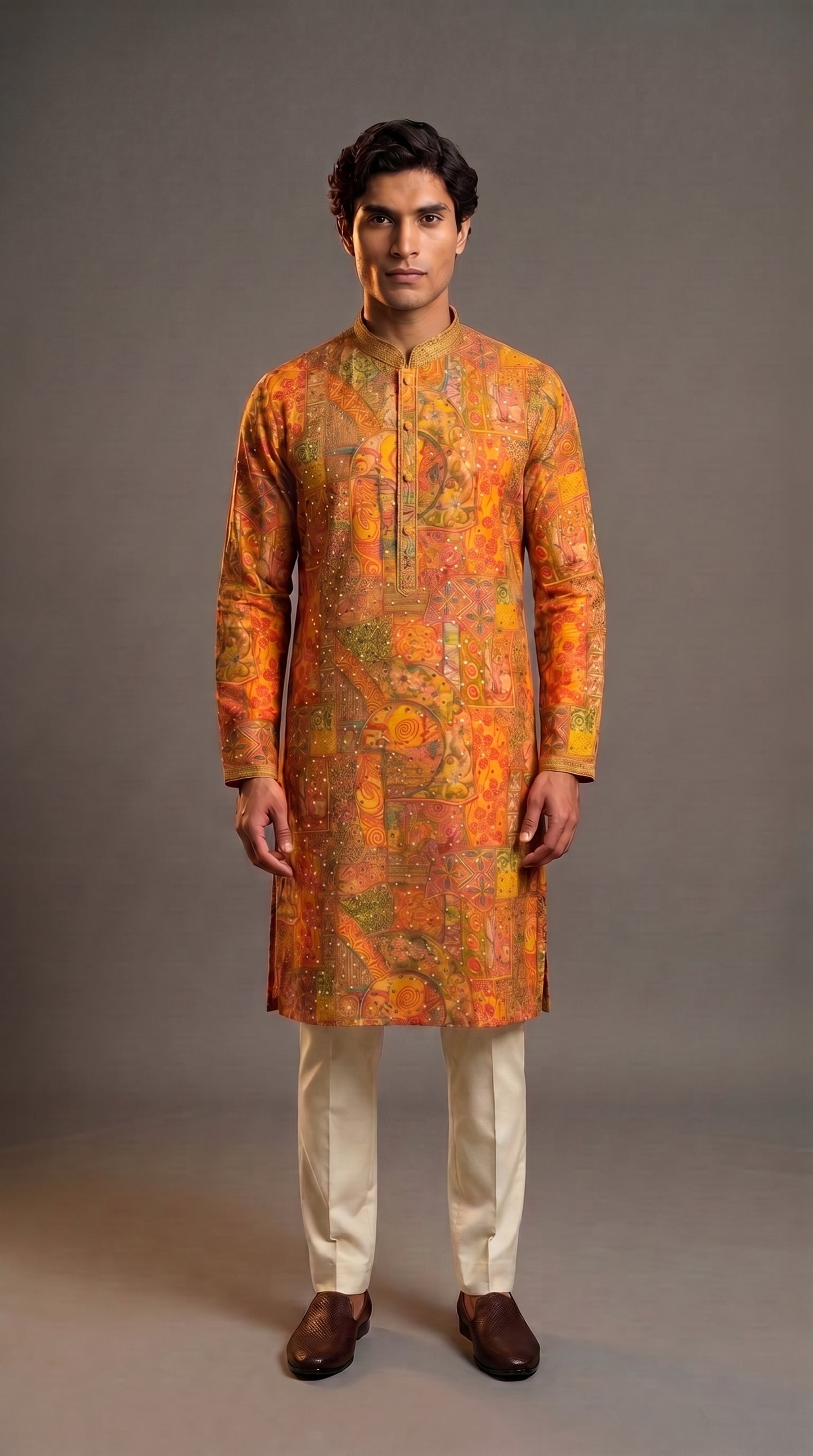 Mustard Yellow Abstract Floral Embroidered Silk Kurta Set