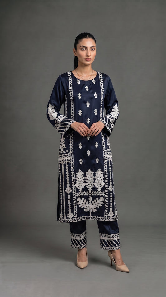 Midnight Navy Embroidered Satin Silk 2-Piece Suit