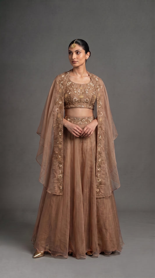 Champagne Nude Embroidered Lehenga Choli with Cape