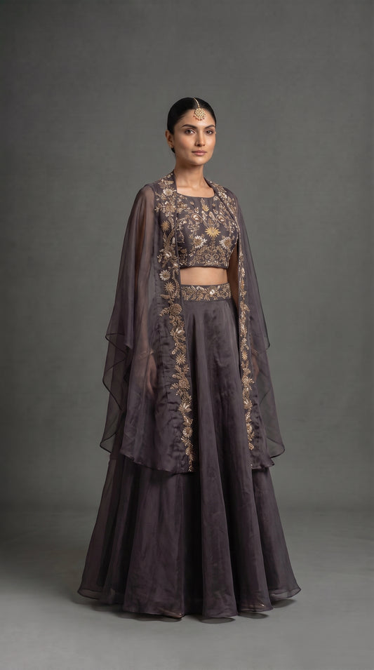 Charcoal Slate Embroidered Lehenga Choli with Cape