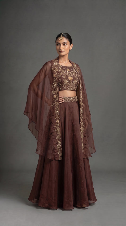Deep Mocha Brown Embroidered Lehenga Choli with Cape
