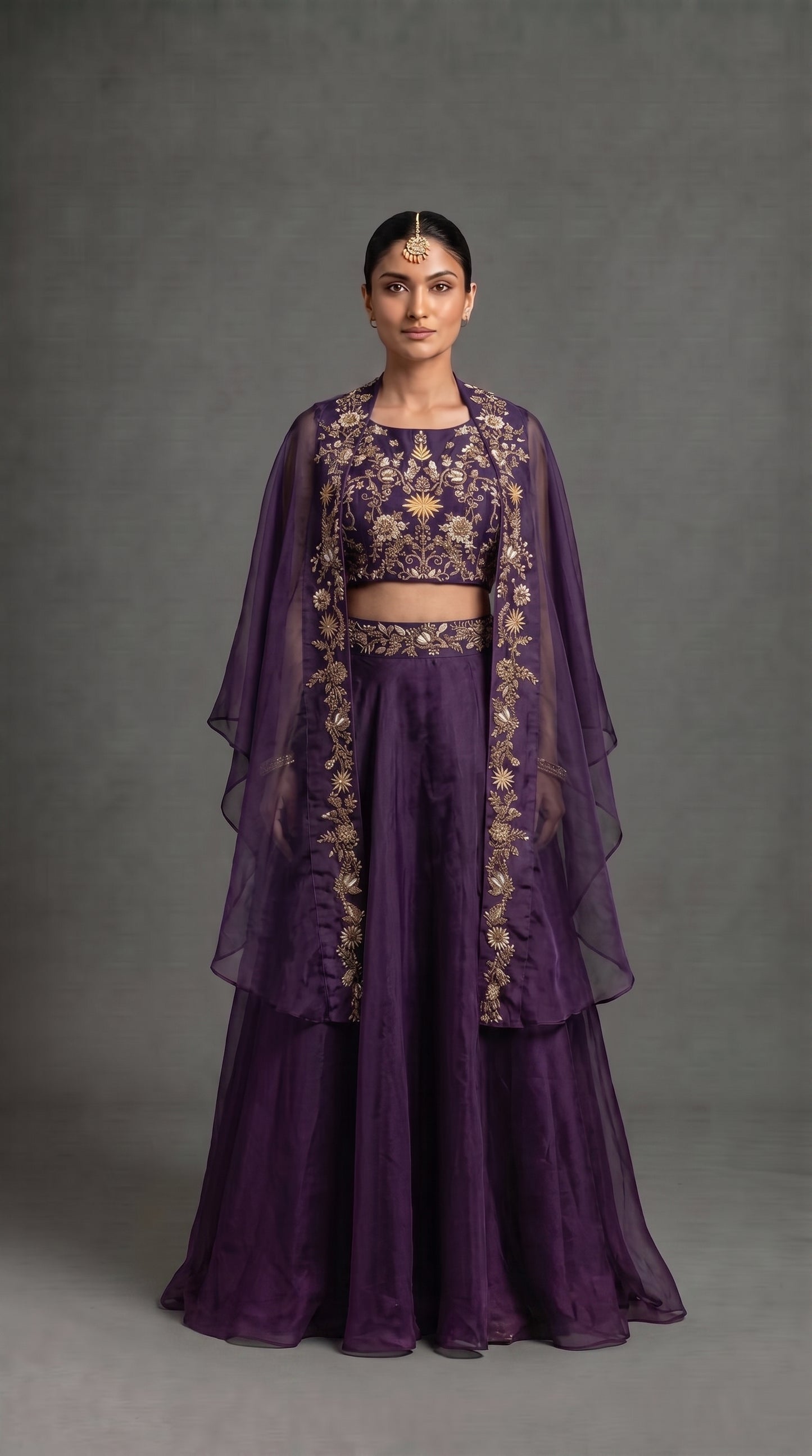 Royal Plum Purple Embroidered Lehenga Choli with Cape