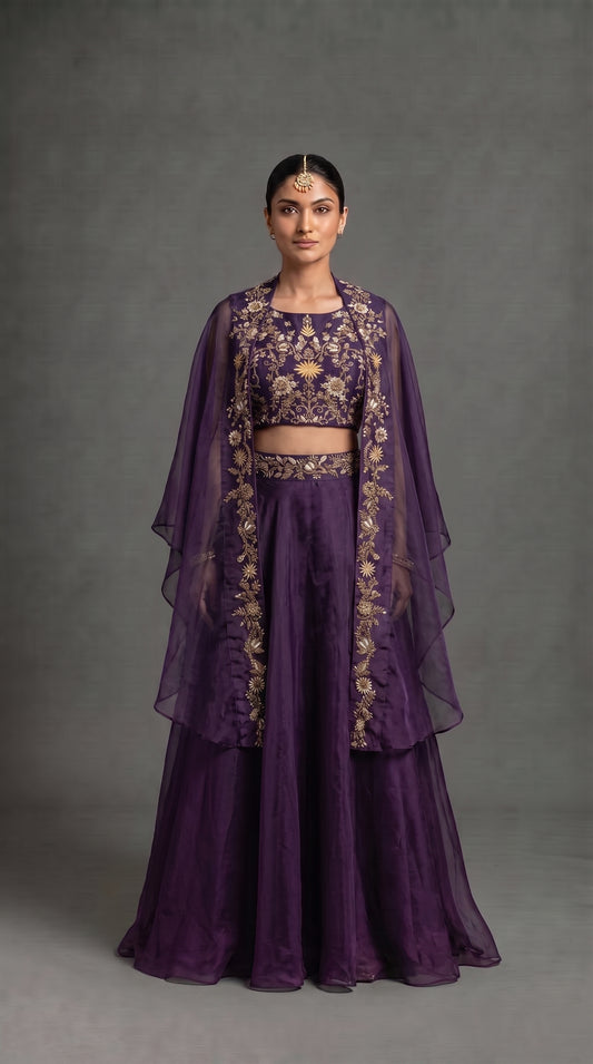 Royal Plum Purple Embroidered Lehenga Choli with Cape