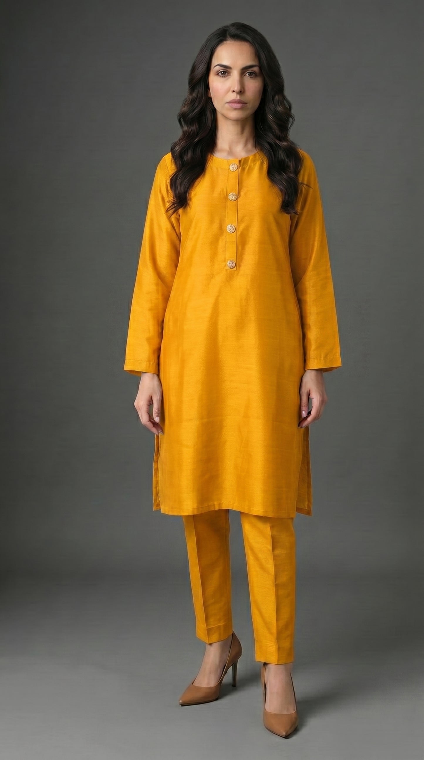Warm Saffron Yellow Raw Silk 2-Piece Suit