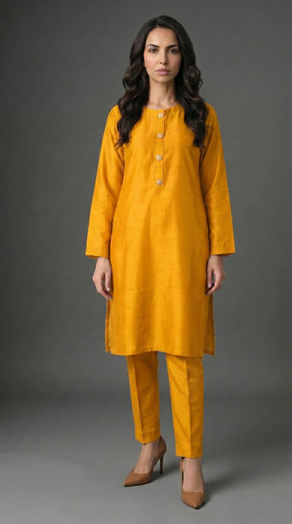 Warm Saffron Yellow Raw Silk 2-Piece Suit