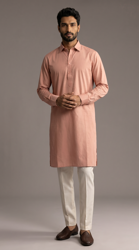 Dusty Pink Cotton Shirt Collar with Cuff Kurta