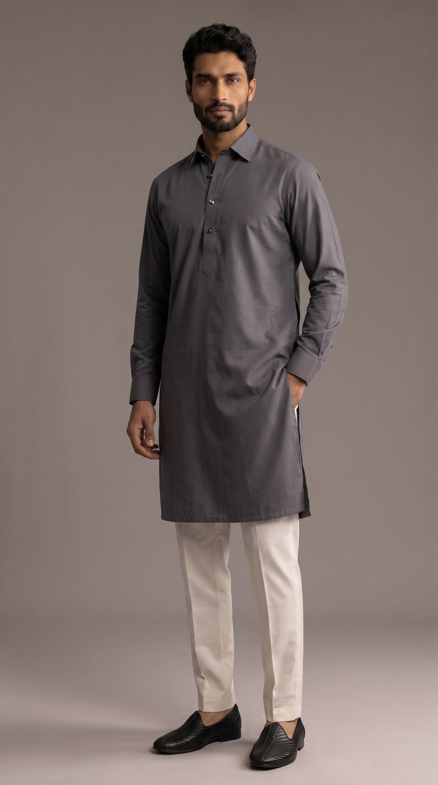 Gray Cotton Shirt Collar with Cuff Kurta