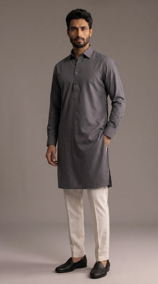 Gray Cotton Shirt Collar with Cuff Kurta