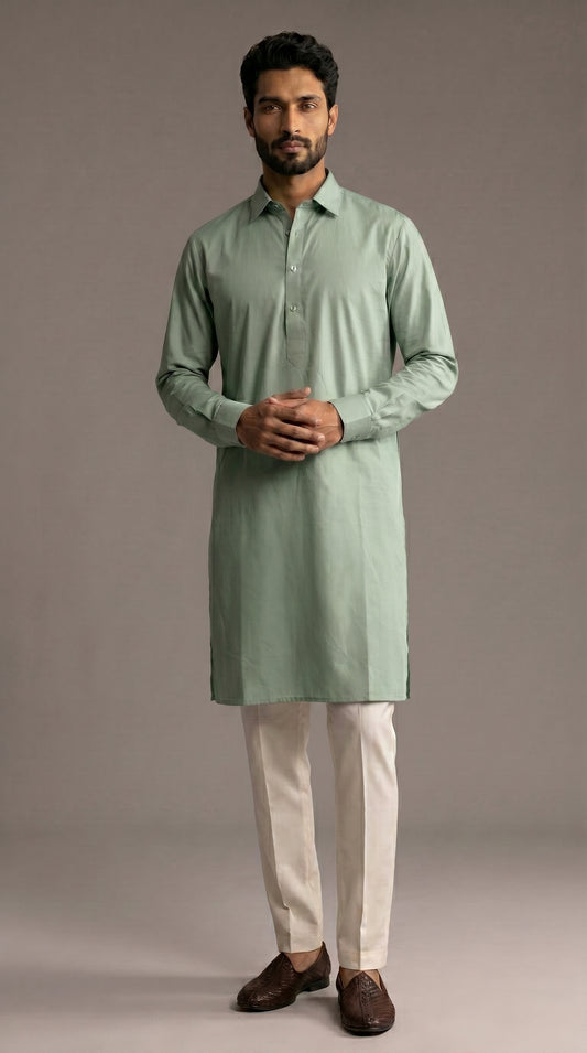 Mint Cotton Shirt Collar with Cuff Kurta