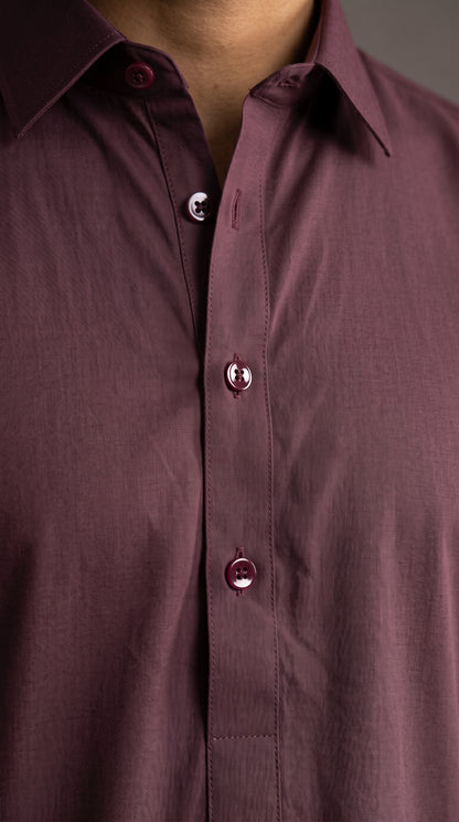 Wine Cotton Shirt Collar with Cuff Kurta