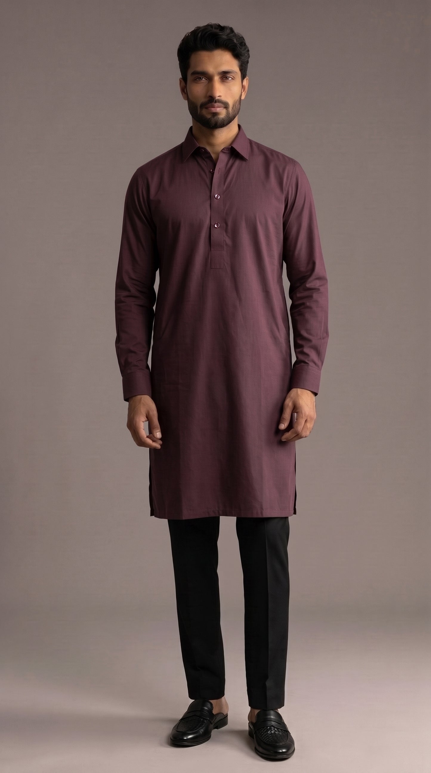 Wine Cotton Shirt Collar with Cuff Kurta