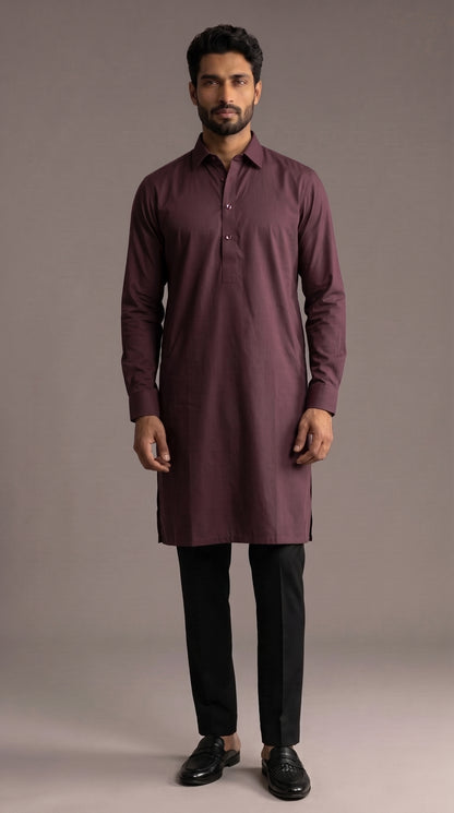 Wine Cotton Shirt Collar with Cuff Kurta