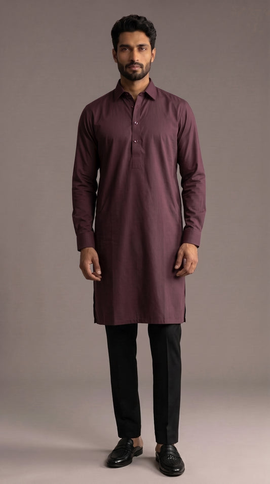 Wine Cotton Shirt Collar with Cuff Kurta