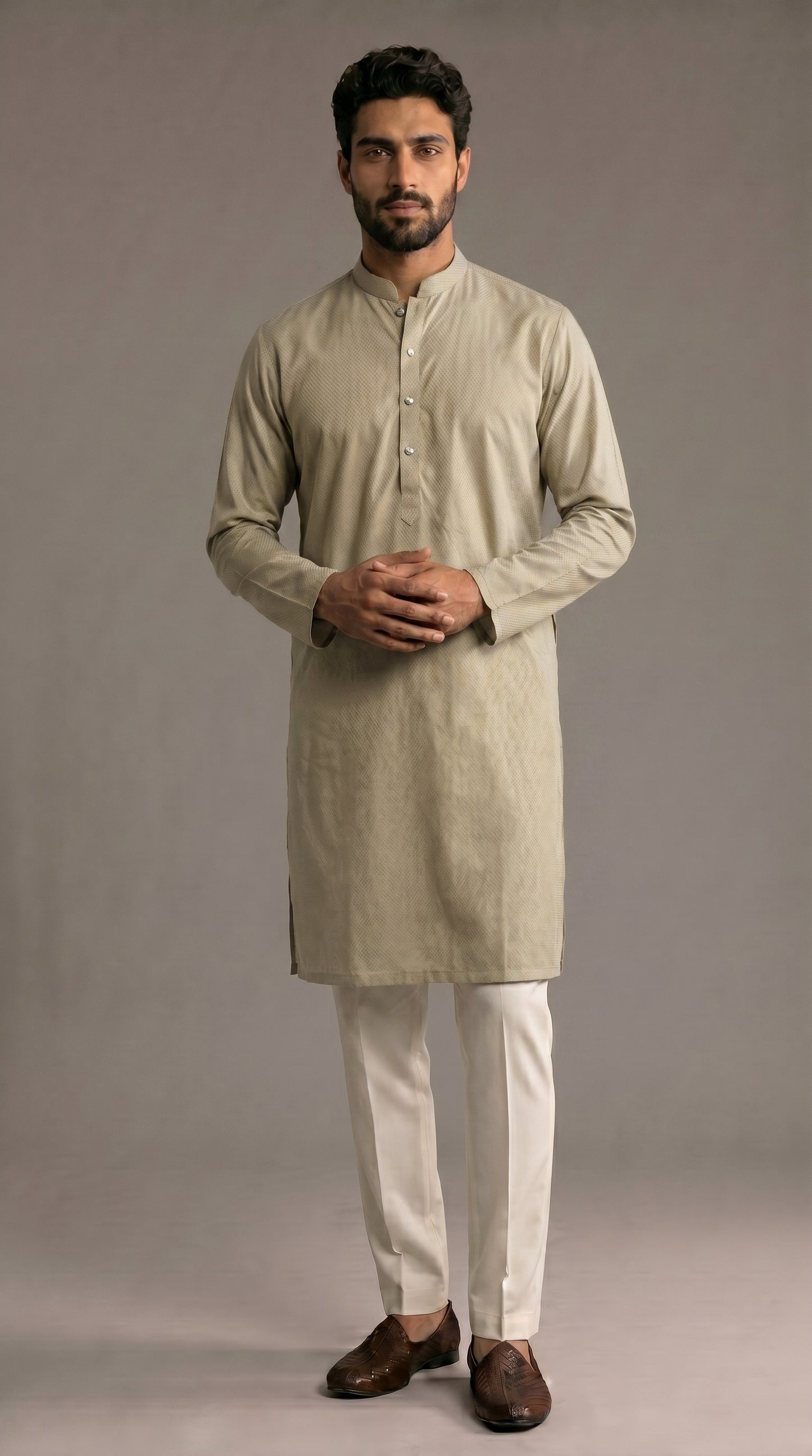 Light Grey Green Cotton Dobby Kurta
