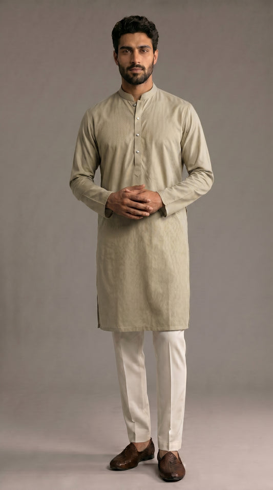 Light Grey Green Cotton Dobby Kurta