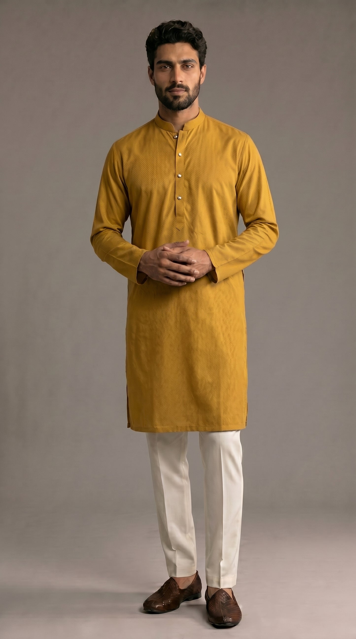 Mustard Yellow Cotton Dobby Kurta