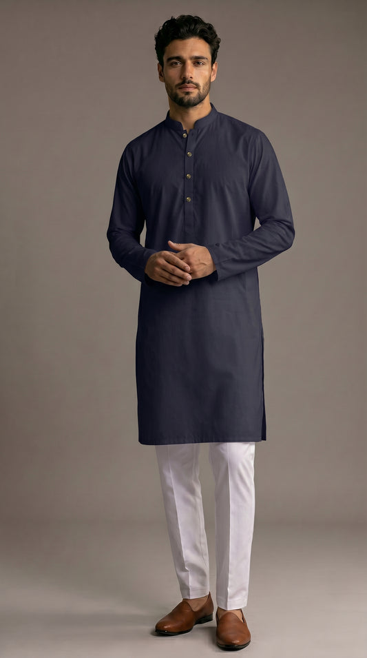Midnight Navy Plain Cotton Satin Kurta