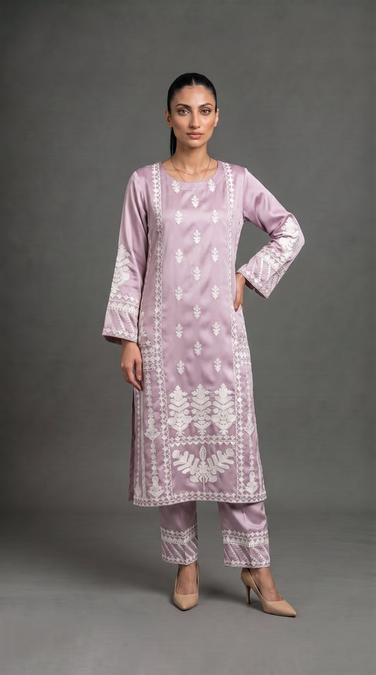 Lilac Lavender Embroidered Satin Silk 2-Piece Suit