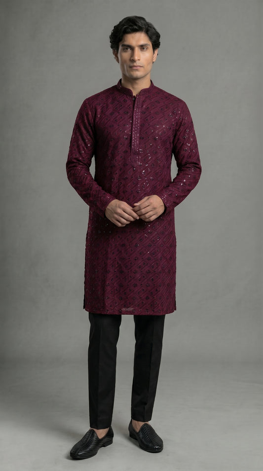 A man modeling a long-sleeved Wine Maroon kurta with intricate silver embroidery, paired with black trousers and black loafers, standing against a neutral gray studio background.