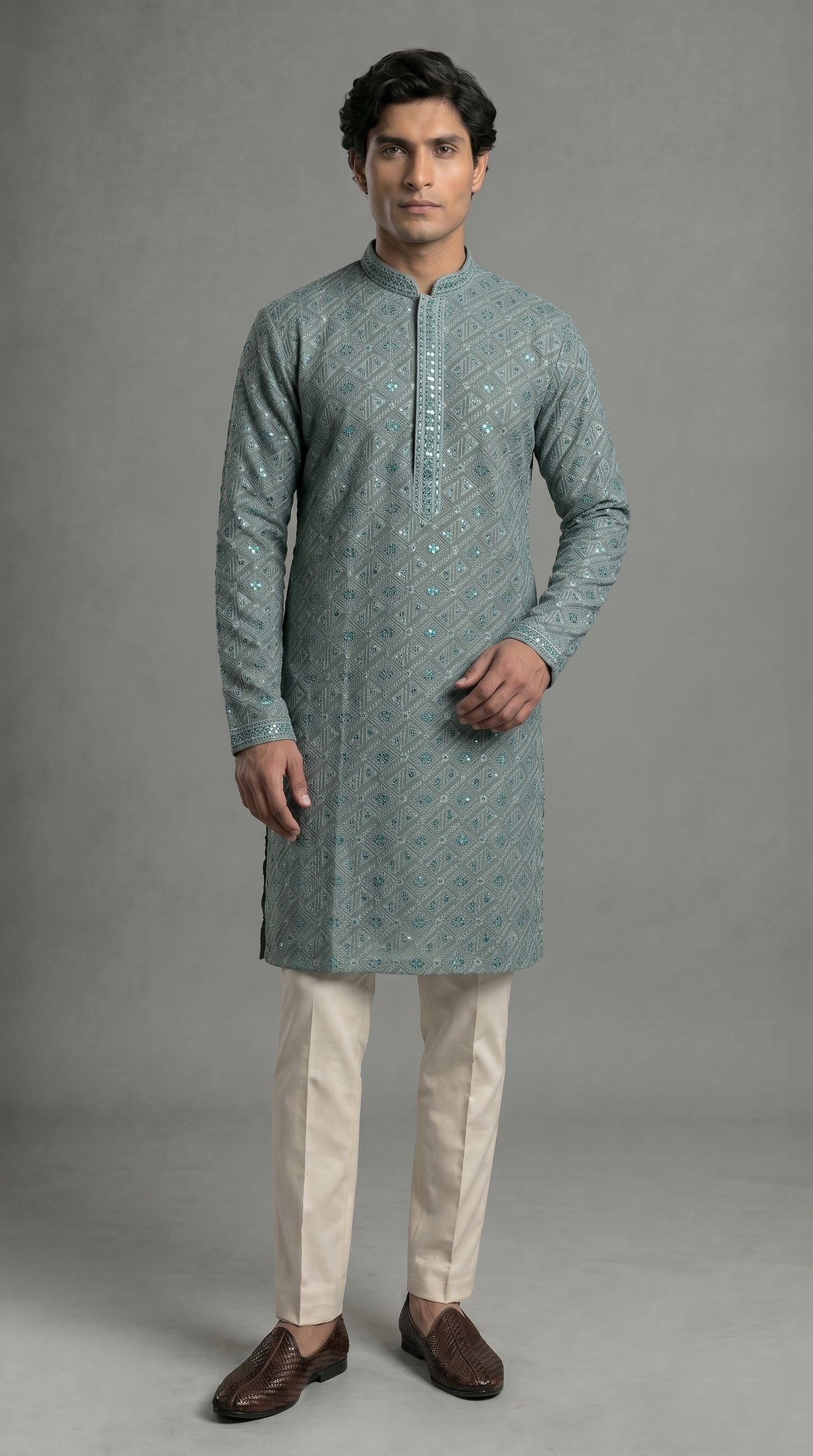 Geometric Kurta Set With Dark Green Sequins- Cyan Teal