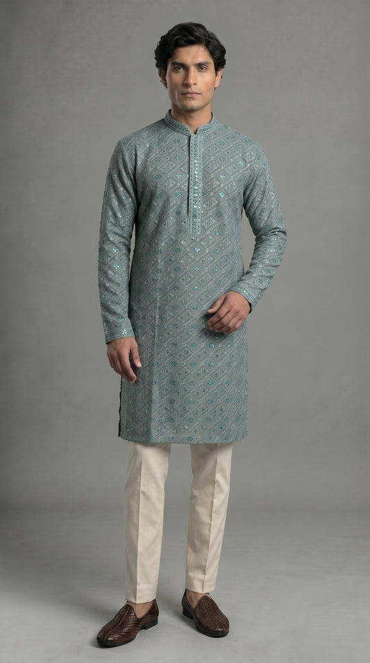 Geometric Kurta Set With Dark Green Sequins- Cyan Teal