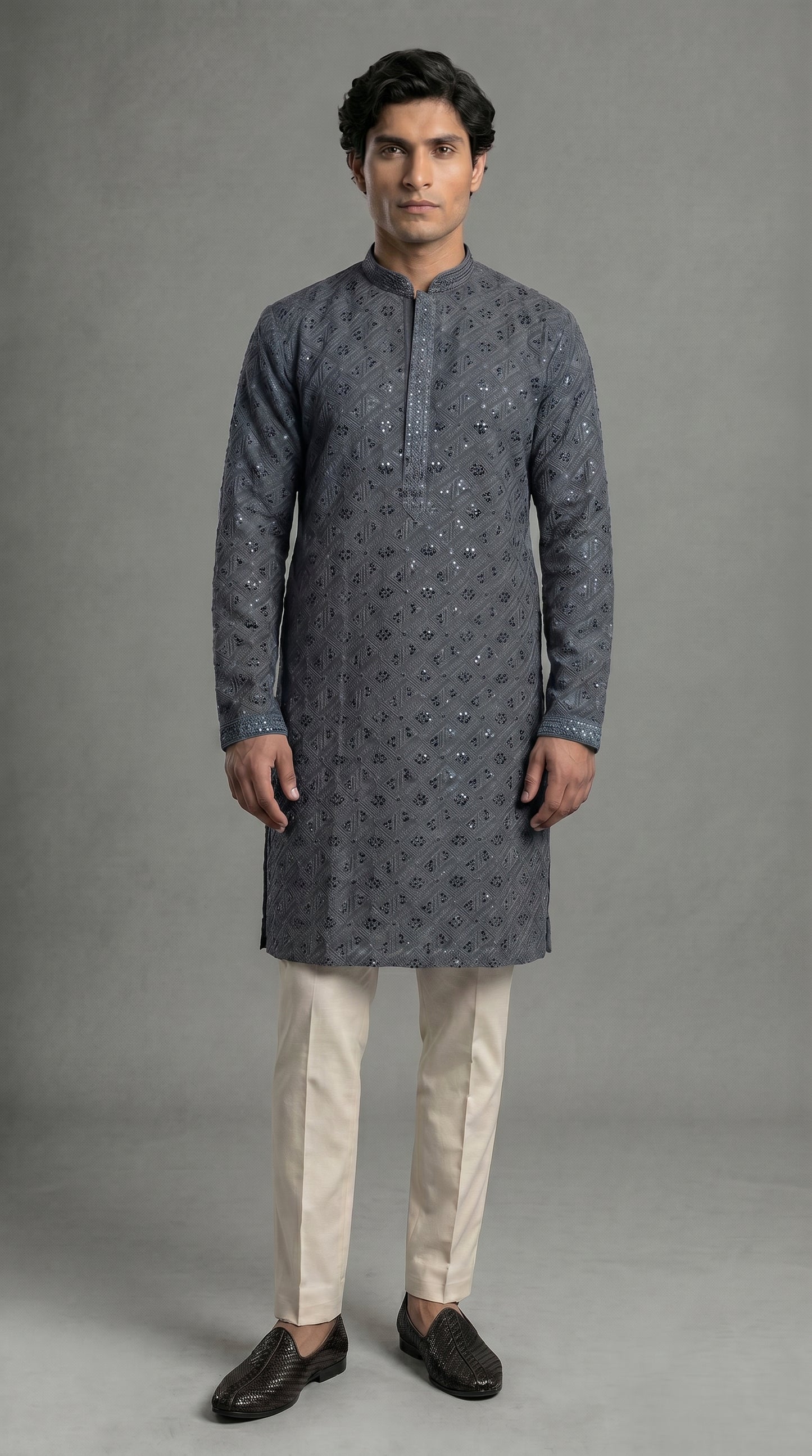 Geometric Kurta Set With Contrast Black Sequins-Gray