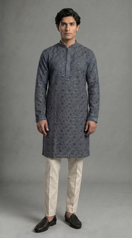 Geometric Kurta Set With Contrast Black Sequins-Gray